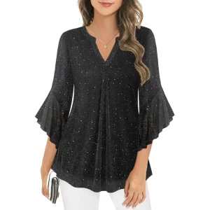 Women's Sparkly 3/4 Sleeve V-Neck Blouse