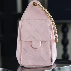 Pastel pink grainy leather drawstring bag