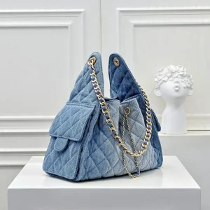 Washed Blue Jean Drawstring Hobo Handbag