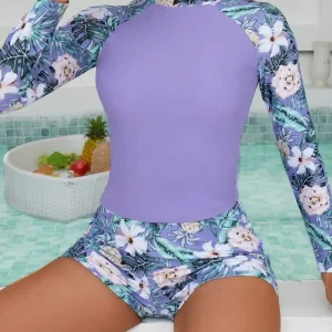 Tropical Print Long Sleeve Tankini Swimwear