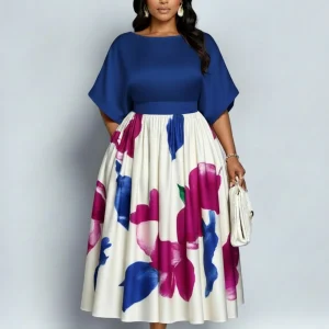 Plus Size Batwing Sleeve Floral Print Midi Dress