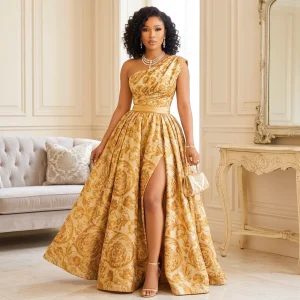 One Shoulder Printed Maxi Gown With High Slit