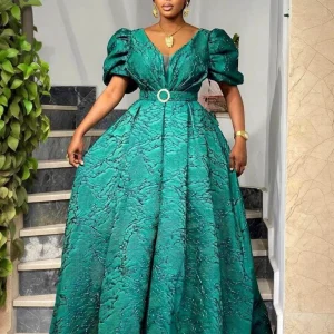 Women V Neck Puff Sleeve Ball Gown