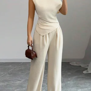 Ladies Asymmetric Top And Wide Leg Pants 2-Piece Set