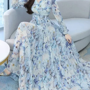 V Neck Long Sleeve Butterfly Print Maxi Dress