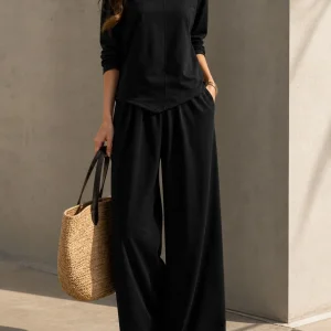 Long Sleeve Crewneck Top & Elastic Waist Wide Leg Pants