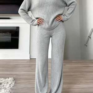 Turtleneck Long Sleeve Sweater & High Waist Wide Leg Pants Set