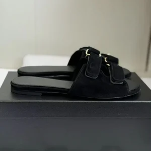 Women Black Suede Adjustable Velcro Strap Slide Sandals