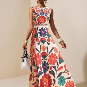 Floral Embroidery Maxi Sleeveless Round Neck Dress