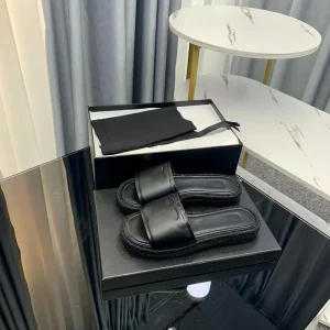 Women Black Smooth Leather Slide Sandals
